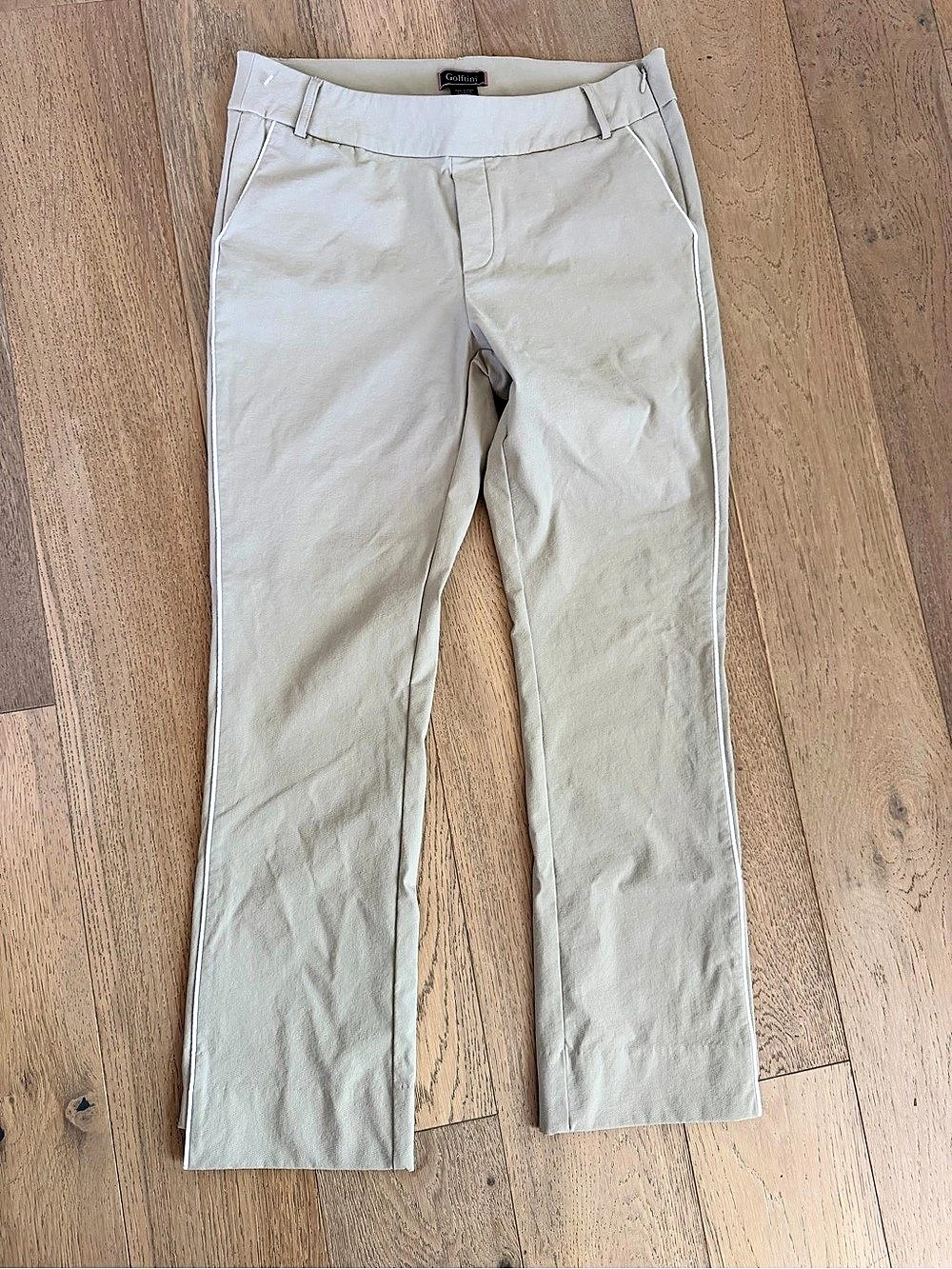 Golftini Women Khaki Pull-On Stretch Ankle Golf Pants White Piping Stripe